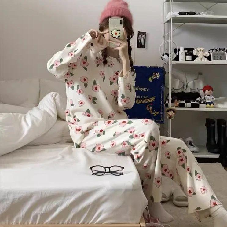 

Женская домашняя пижама Женский весенне-осенний пуловер с длинным рукавом и брюки Сладкий мультяшный свободный костюм-двойка XXL