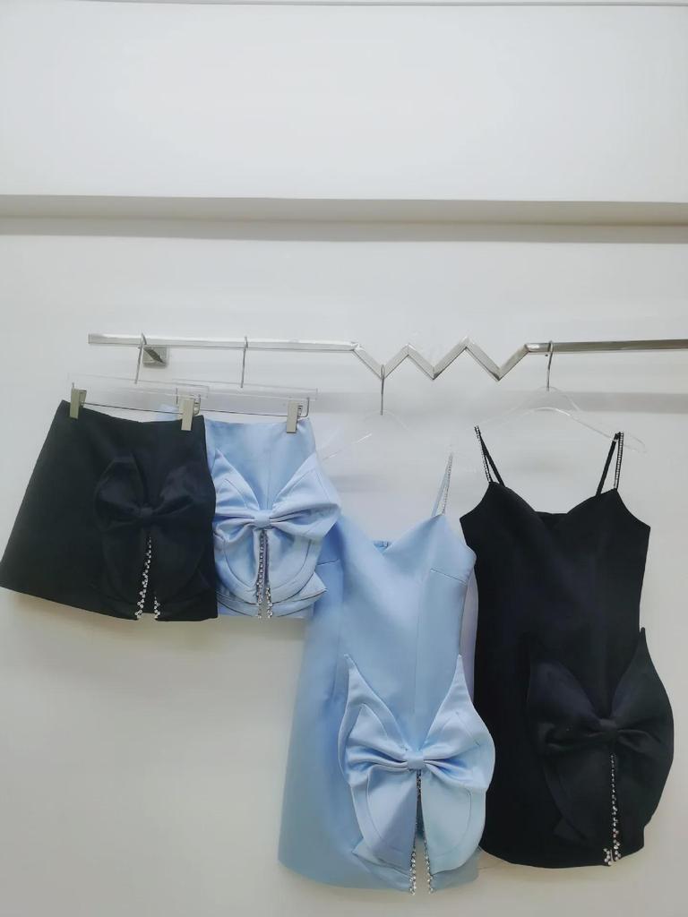 Shisanhang 2024 Summer Skirt: Exaggerated Bow, Crystal Accent, Slit Detail, Short Style