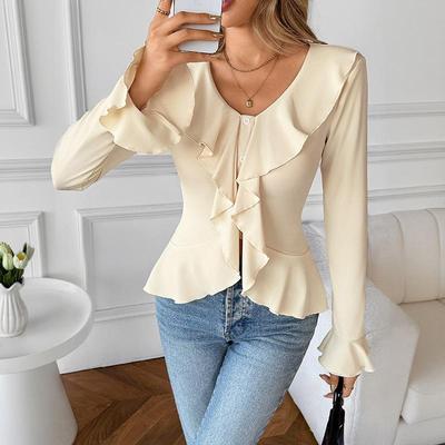 Mode Femme Décontracté Printemps Automne Couleur Unie Impression Manches Longues Col en V Chemisiers Chemises