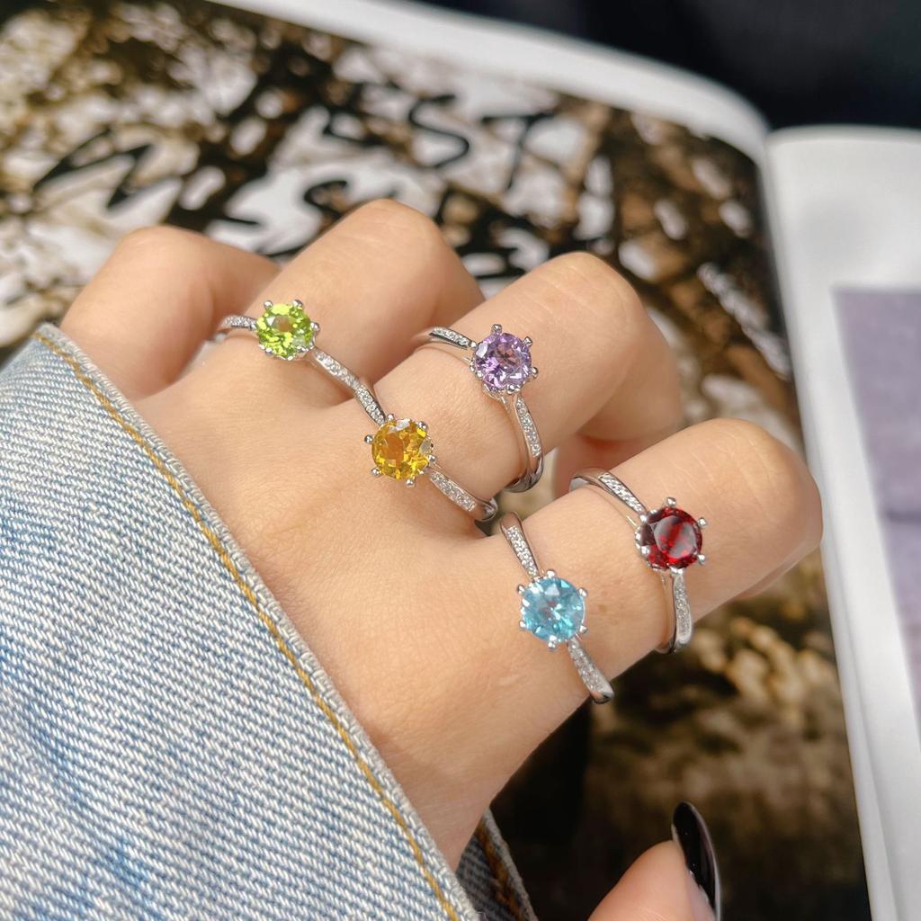 Natural Topaz Garnet Peridot Color Treasure Ring Women'S S925 Sterling Silver With Simple Index Finger Ring