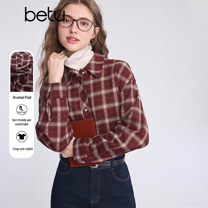 

Betu Women s 2025 Winter Red Plaid Brushed Shirt S