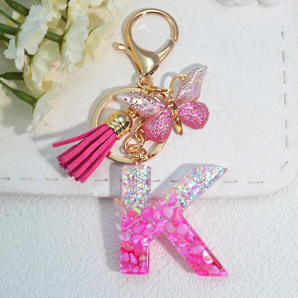 Gradient Pink Jewelry Letter Keyring Resin Letter Keychain with Fringe Butterfly DIY Bag Decoration Pendant Party Gift