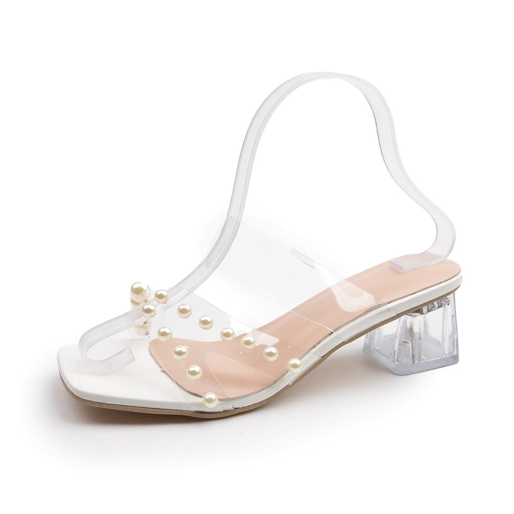 Pearl Flower Women Slippers Design Style Square Toe Crystal Round Heels Shoes Summer Slides Zapatos De Mujer