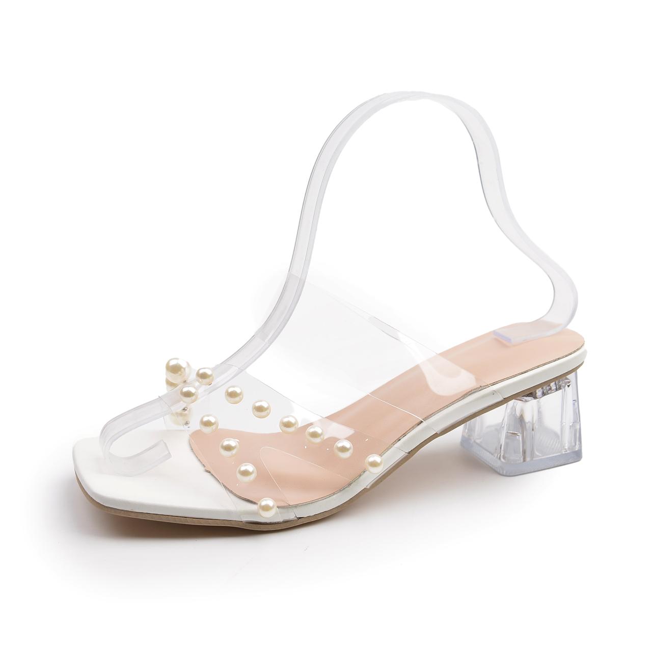 Fashion Fashion Pearl Flower Women Slippers Design Style Square Toe Crystal Round Heels Shoes Summer Slides Zapatos De Mujer 36