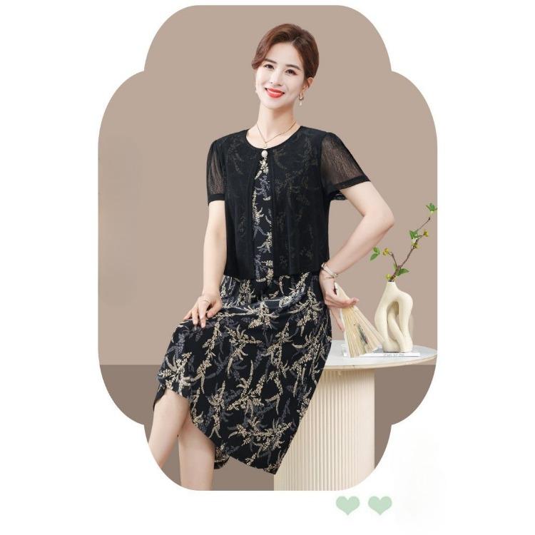 Chic Summer Fake Two Piece Dress for Moms Elegant Slimming and Youthful Mid Age Women Fashion Clothing