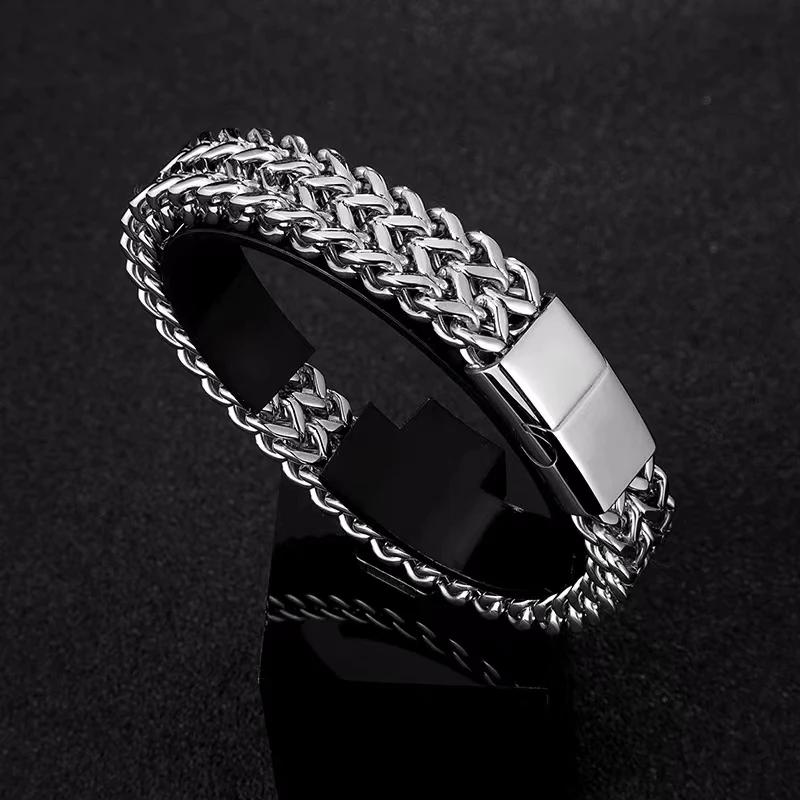 Fashionable Double Row Stainless Steel Chain Magnetic Clasp Bracelet for Men Motorcycle Riding Rock Party Jewelry Gift
