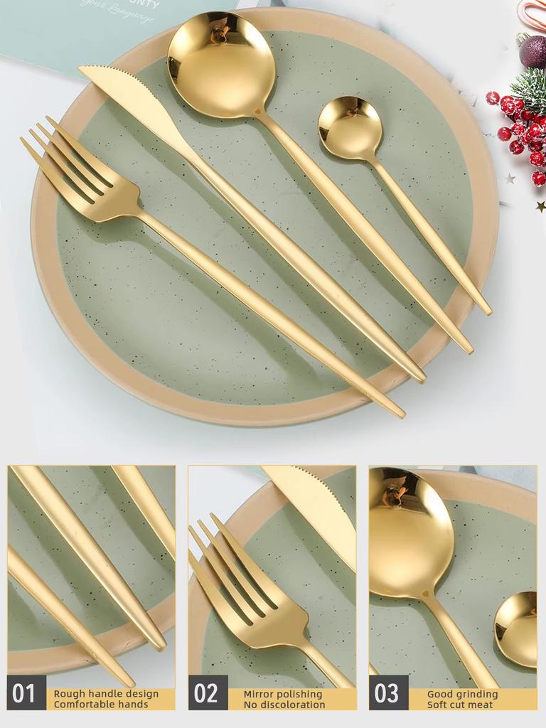 24Pcs Gold Tableware Sets Stainless Steel Cutlery Knife Tea Fork Coffee Spoon Flatware Dishwasher Safe Dinner Kitchen Dinnerware