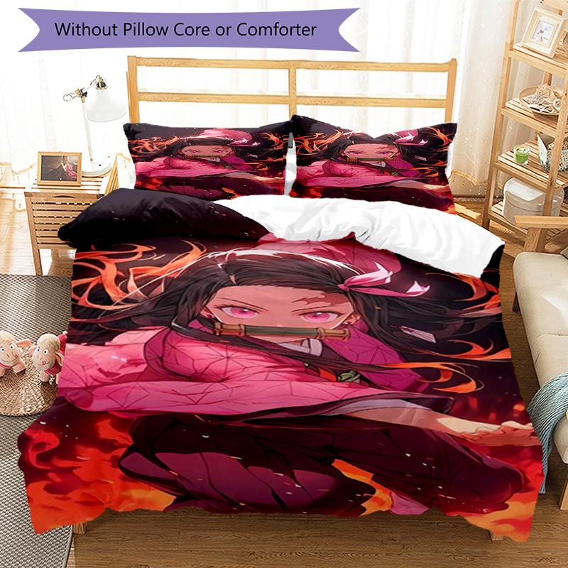 3pcs Demon Slayer Bedding Set Duvet Cover Closure Includes 1 Duvet Cover & 2 Pillowcases, Soft and Comfortable for All Seasons.