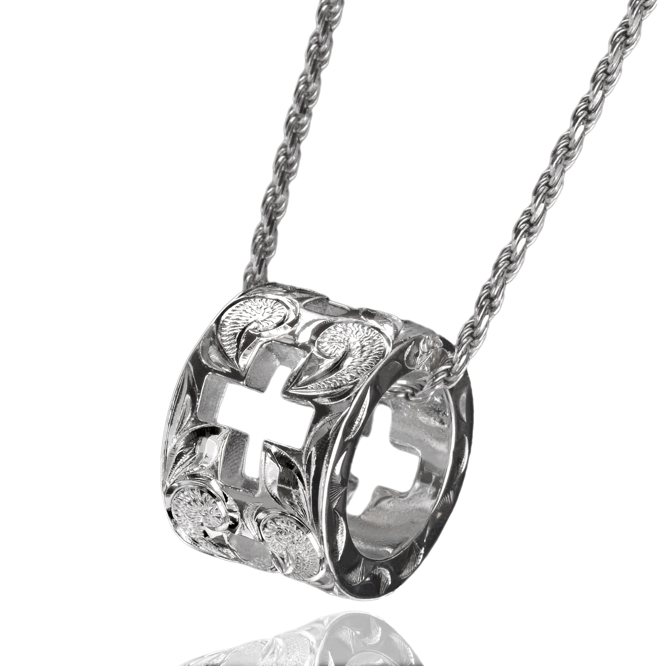 

Leilani Hawaiian Jewelry Scroll (Wave) Carved Cross Heavy Tube Pendant Necklace for Men, 925 Sterling Silver (Includes 50cm Rope Chain)