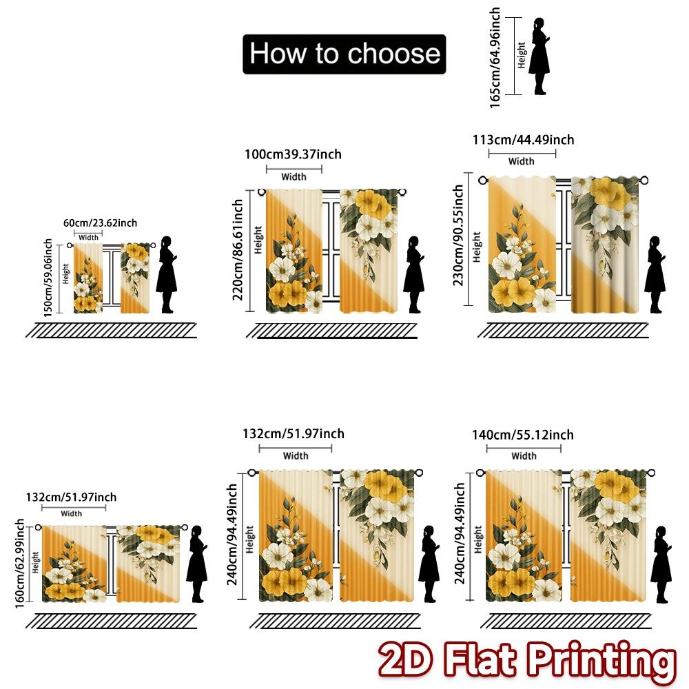 Set Of 2 Flat Printing Curtains Golden Floral Elegance Digital Printed Polyester Drapes Birthday Party Indoor Celebrations Curtain