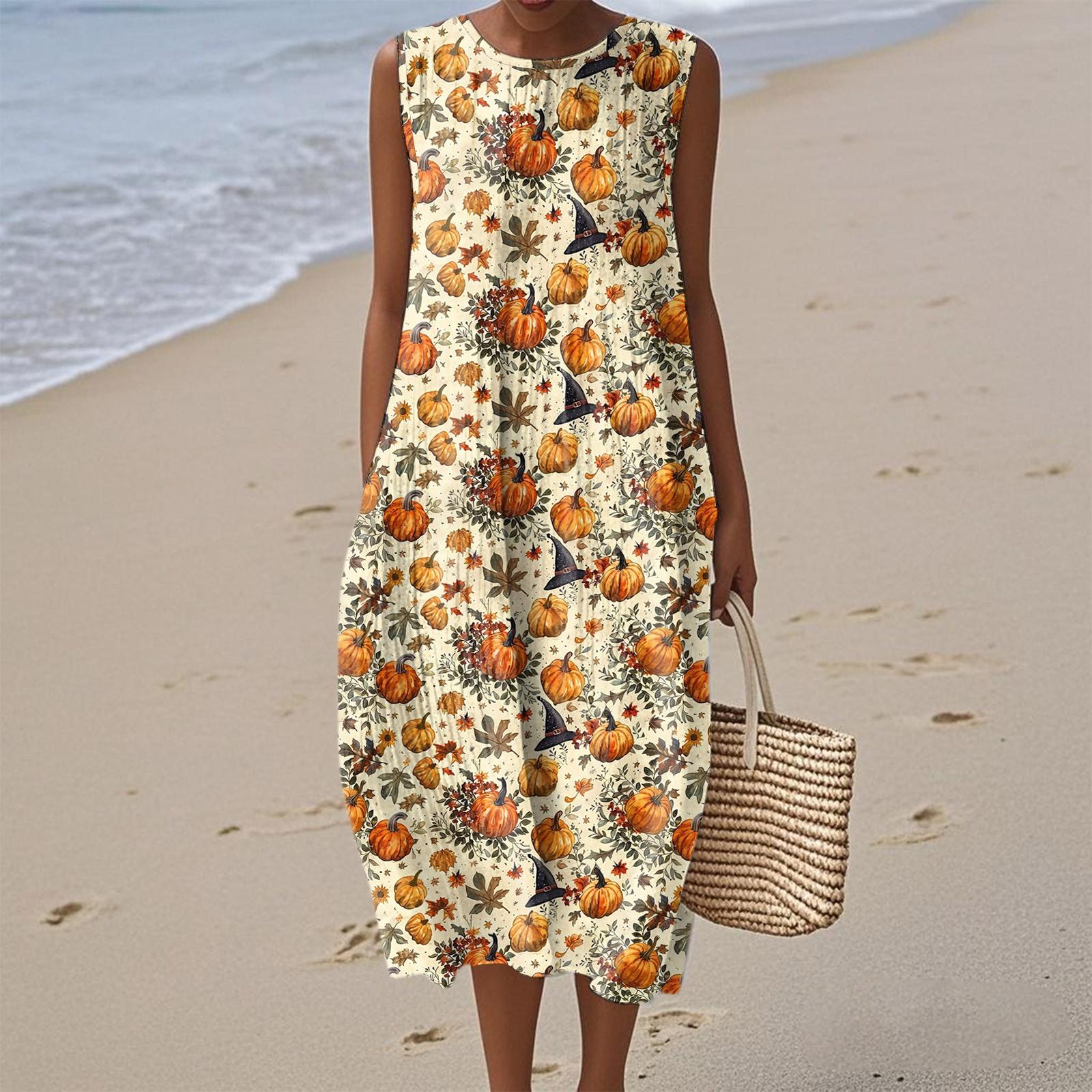 

Women s Fashion Casual Sleeveless Round Neck Zipper Halloween Print Elegant Temperament Dress XL шафрановий