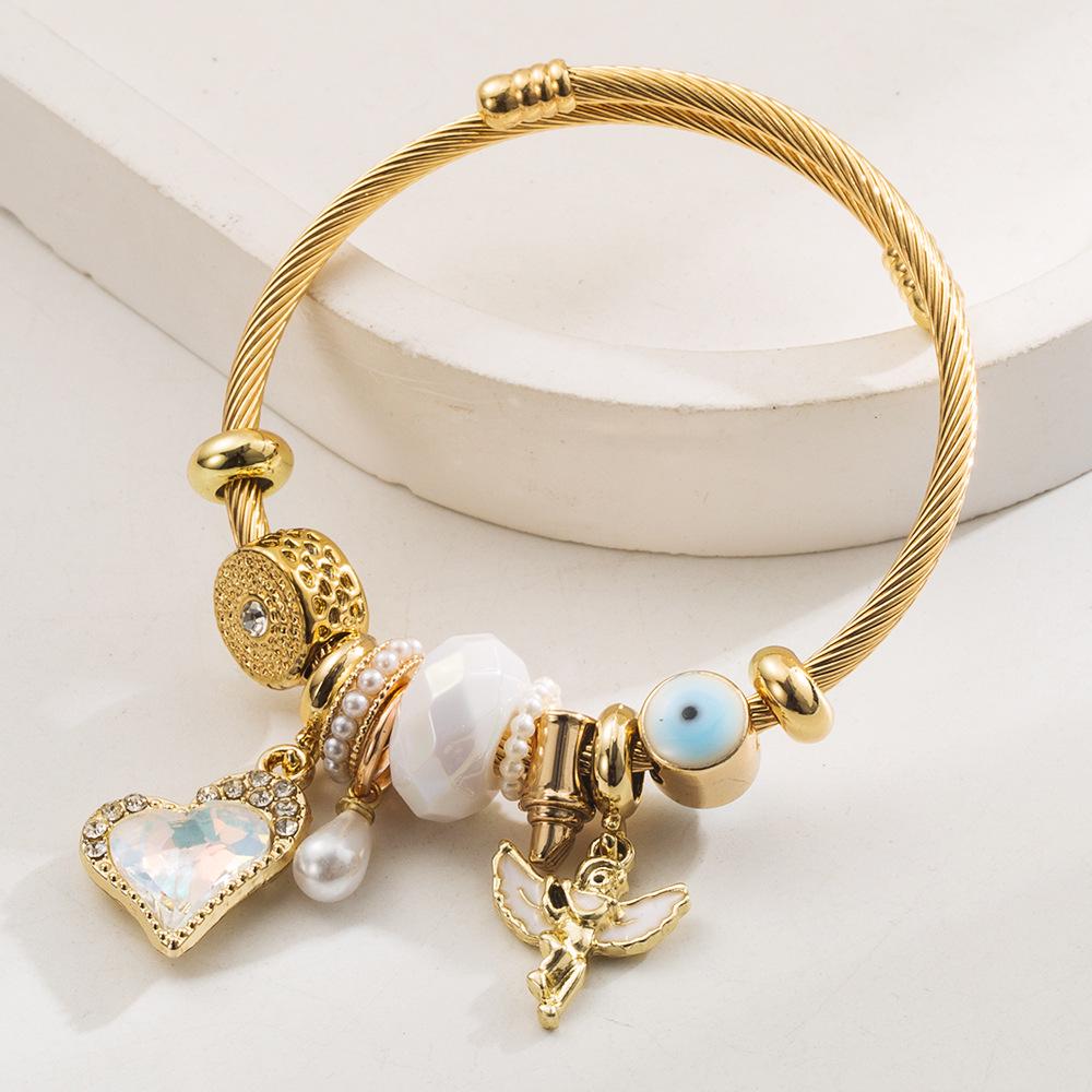 Panjia Dora Stainless Steel Love Heart Angel Bangle for Women - DIY Handmade Beaded Alloy Accessories