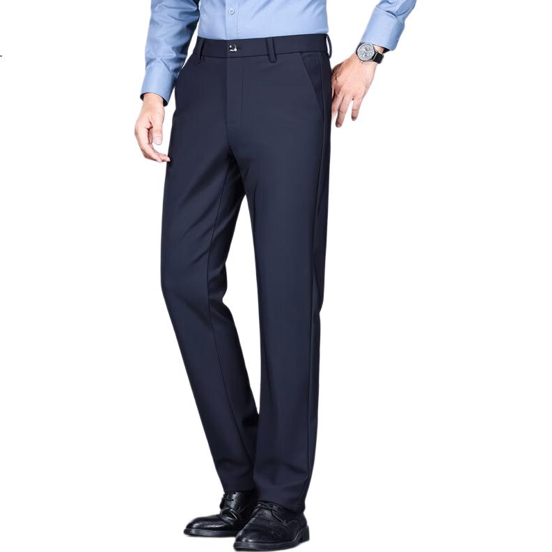 ROMON Men's Business Dress Pants Autumn Winter Straight Casual Stretch Slim Fit Trousers Navy Blue Size 40
