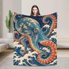 Japanese Octopus Great Wave Fleece Blanket, Ocean Kraken Sea Creature Throw (300g Flannel)
