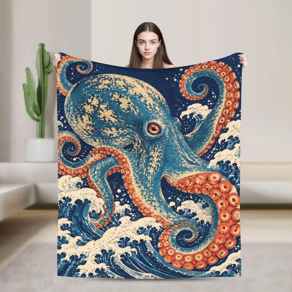 Japanese Octopus Great Wave Fleece Blanket, Ocean Kraken Sea Creature Throw (300g Flannel)