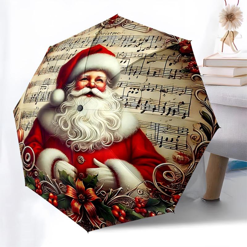 

1pc Christmas Music Sheet Santa Claus Design Automatic Opening Folding Umbrella with 8-Bone Iron Frame, Portable for Outdoor Use, Festive Gift for Fan