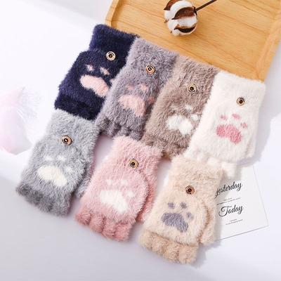 Winter Niedliche Cartoon Katzenpfoten Handschuhe Warm Plus Samt Verdickt Klappbare Handschuhe Studenten Halbfinger Strickhandschuhe