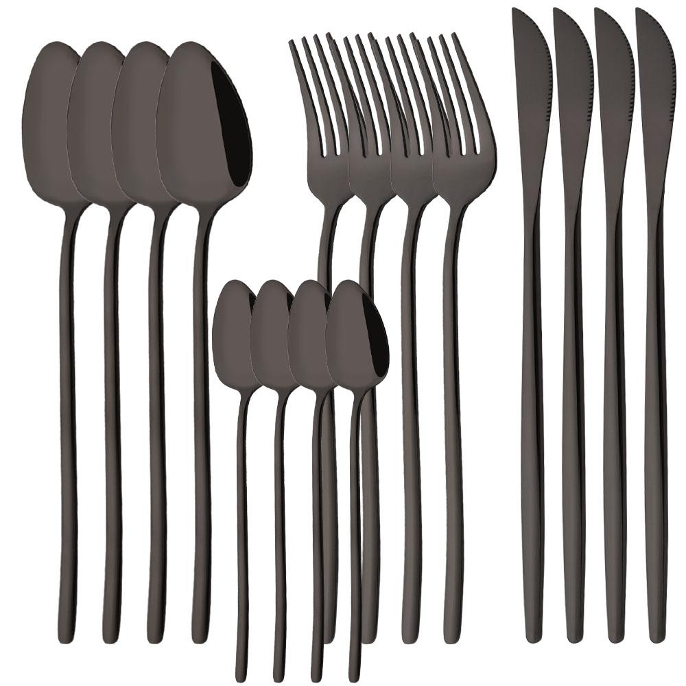 16Pcs Western Black Gold Dinnerware Set Stainless Steel Tableware Flatware Cutlery Set Dinner Knife Fork Spoon Silverware