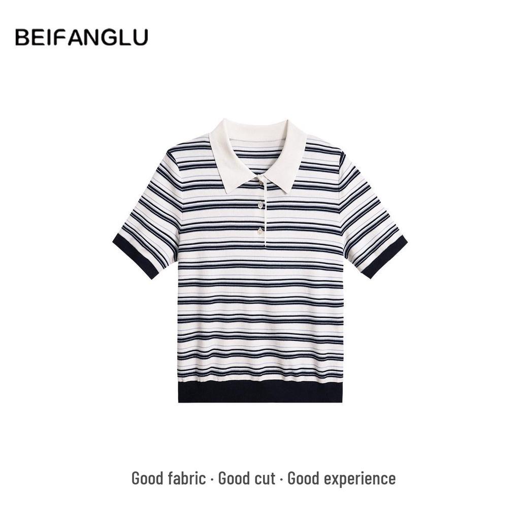 Northern Deer Women's Summer Polo Neck Striped Knit T-Shirt - 68.6% Lyocell, 25.4% Cotton, 6% Silk