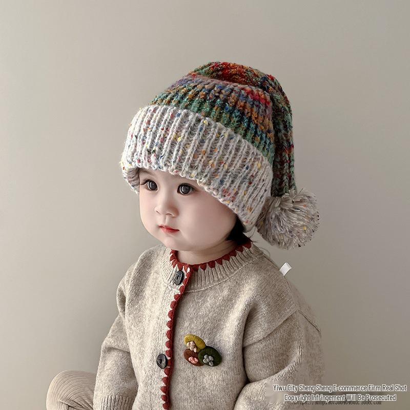 Children's Rainbow Ear Protection Knit Hat - Warm Woolen Pullover for Autumn and Winter