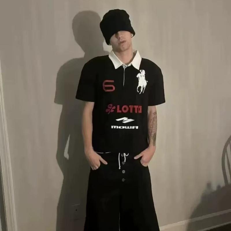 Herren High Street Fashion Stickerei Knopf Revers Kurzarm T-Shirt Amerikanischer Vintage Harajuku Oberteile Y2k Kleidung