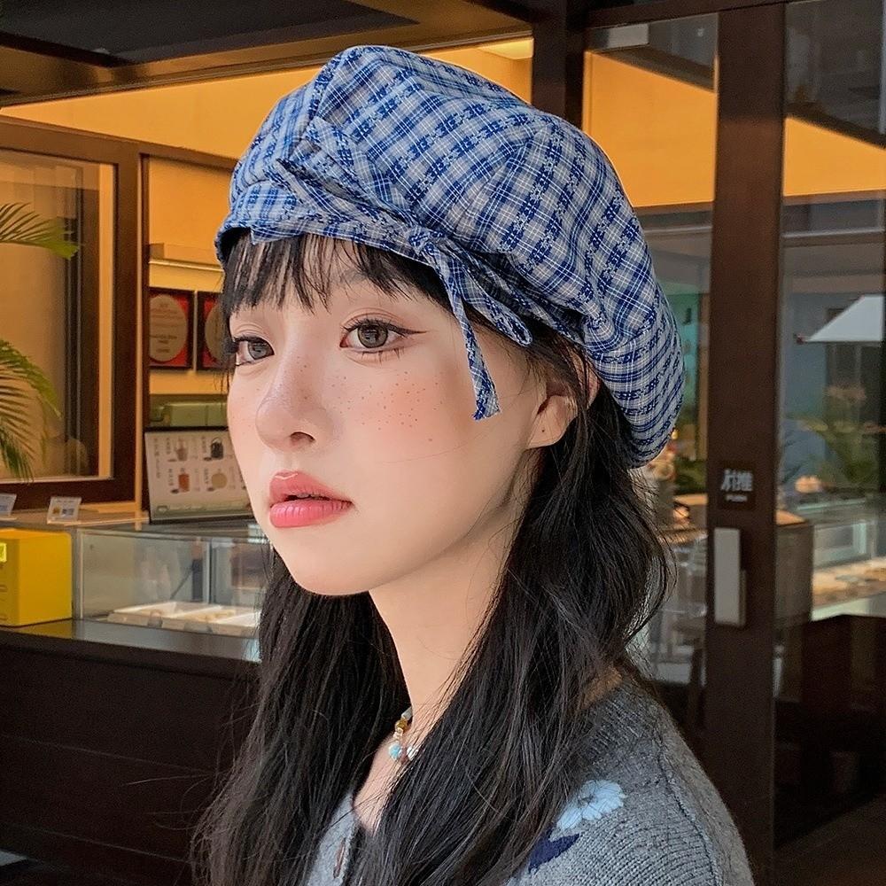 Korean Style Women Painter Hat Bow Women Octagonal Cap Sweet Plaid Beret Hat  Girl