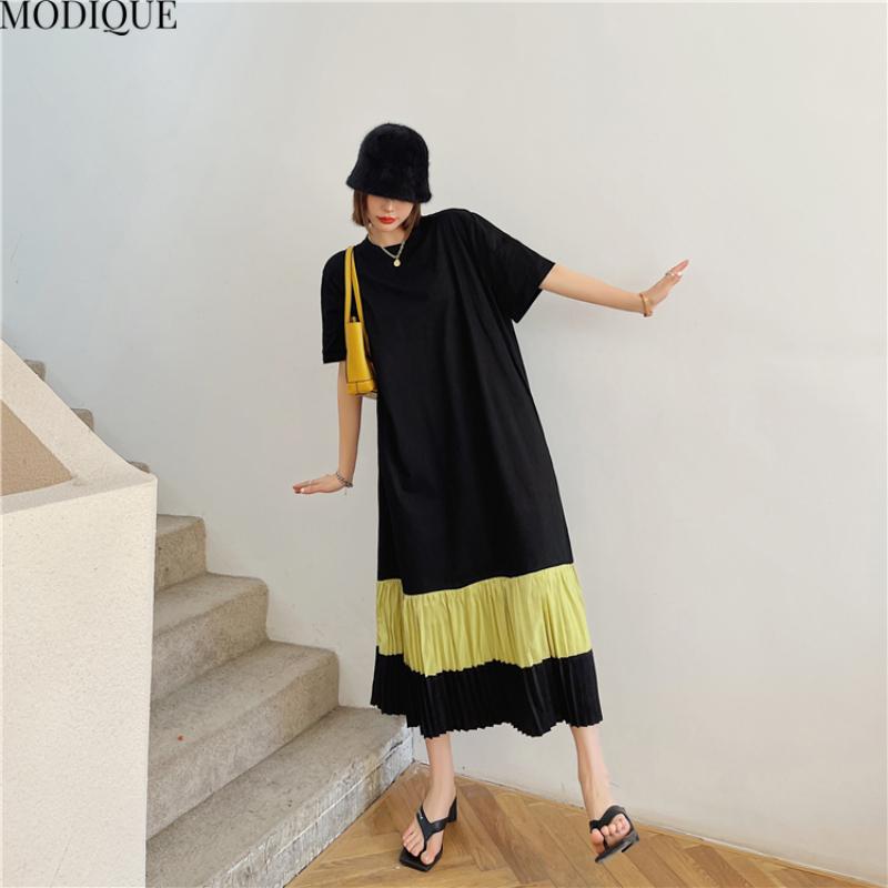 MODIQUE Sommer Plus Size Neue Damen Lose Minimalistische Streifen Plissee Patchwork Lange Kleider Weibliche Casual Kurzarm O-Ausschnitt Kleider