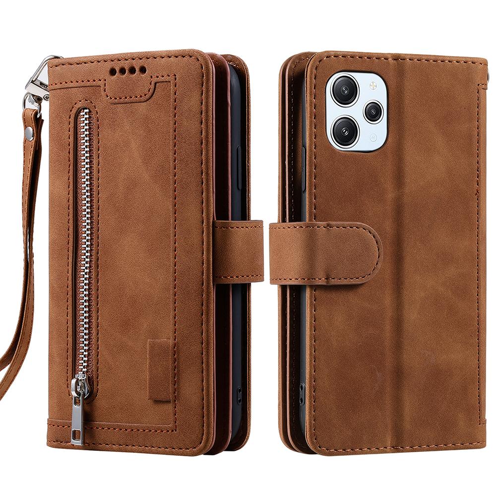 

For Xiaomi Redmi 12 4G Zipper Pocket PU Leather Phone Case 9 Card Slots Drop-proof Cover Brown
