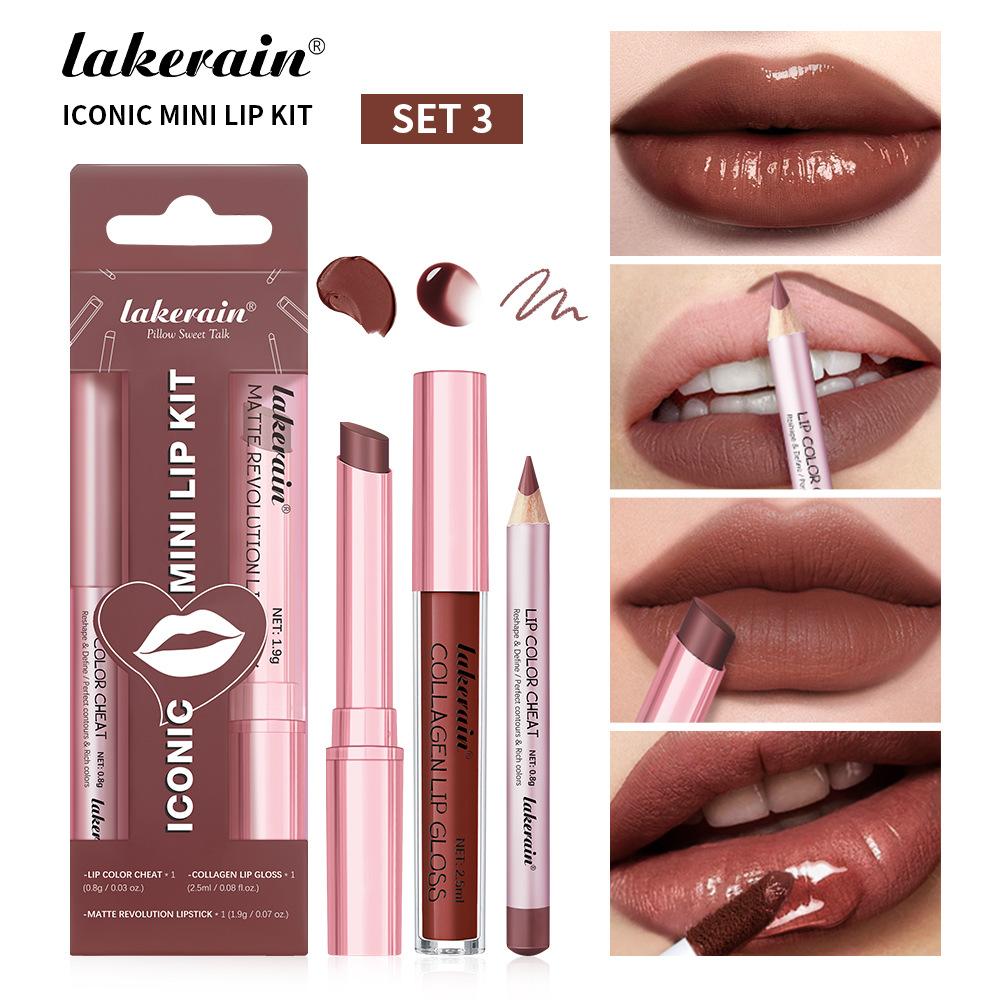 3-teiliges Lippen-Make-up-Set Lipliner Lipgloss Lippenstift Spiegeleffekt Beep Lips Hohe Farbe Lang anhaltend Spendet Feuchtigkeit Reise-Mini-Set
