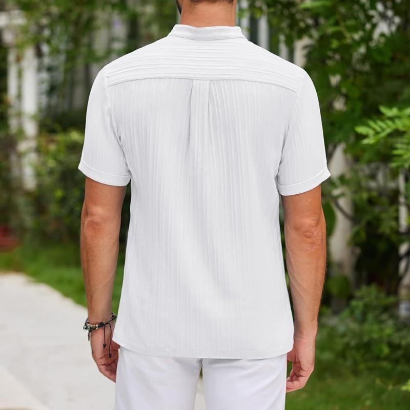 Nové pánské vintage bavlněné a lněné pruhované henley tričko s krátkým rukávem, volné