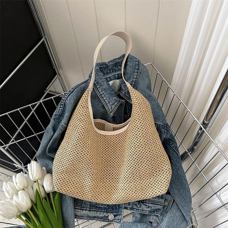 Women's Retro Woven Tote Bag Large Capacity Shoulder Underarm Bag Summer Beach Handbag