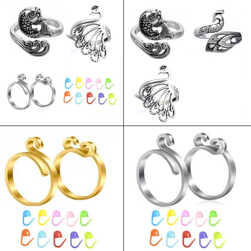 Adjustable Knitting Loop Crochet Loop Rings with Stiching Marker Open Finger Holder Rings for Faster Knitting Yarn Guide