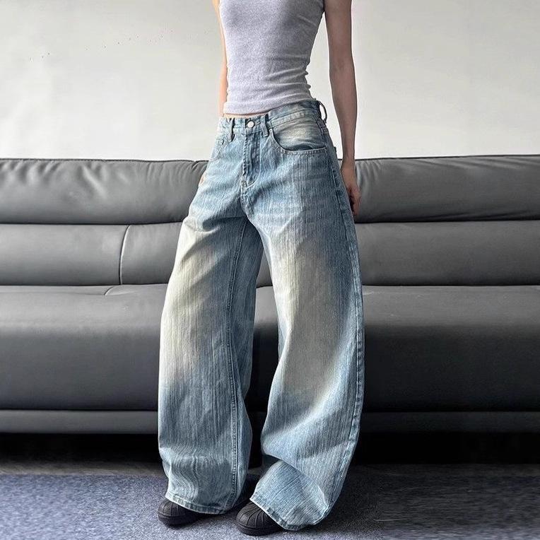 American Retro High-waisted Scimitar Jeans Women's High Street Design Loose and Thin Wide-leg Pants High Waist Light Wash Wide Leg Jeans