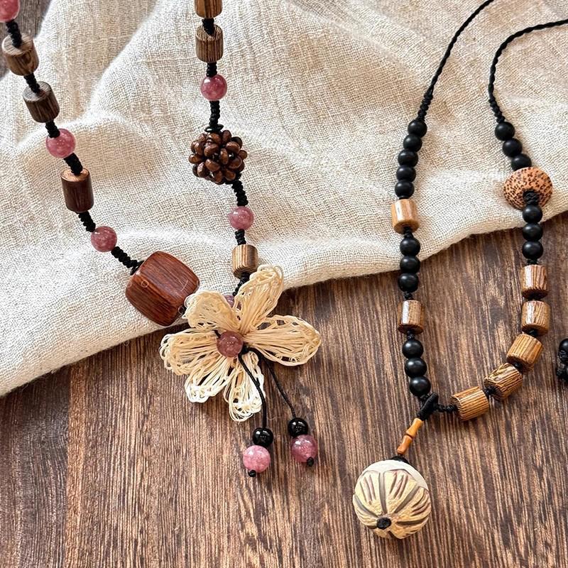 Ethnic Style Bodhi Flower Necklace For Women Girls Long Woven Flower Sweater Chain  Jewelry Accessories Birthday Gifts
