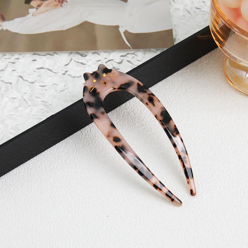 French Retro Cat U-Shaped Hairpin: Large, Elegant Acetate for Women
