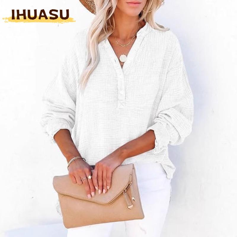 IHUASU Women's Fashion Casual Solid Color Print Long Sleeve V Neck Blouses & Shirts
