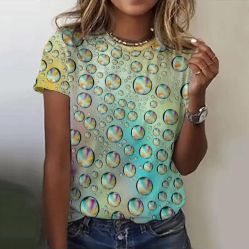 Summer New Women's Loose Shirt, Water Drop Pattern Printing Round Neck Short Sleeves