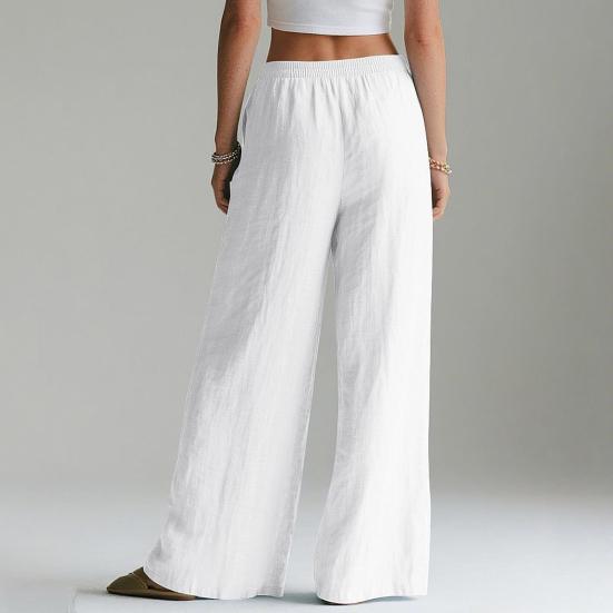 Damen Hose Hohe Taille Gerade Weiter Bein Lange Hose mit Elastischem Bund Tiefe Taschen Knitterarm Casual Hose