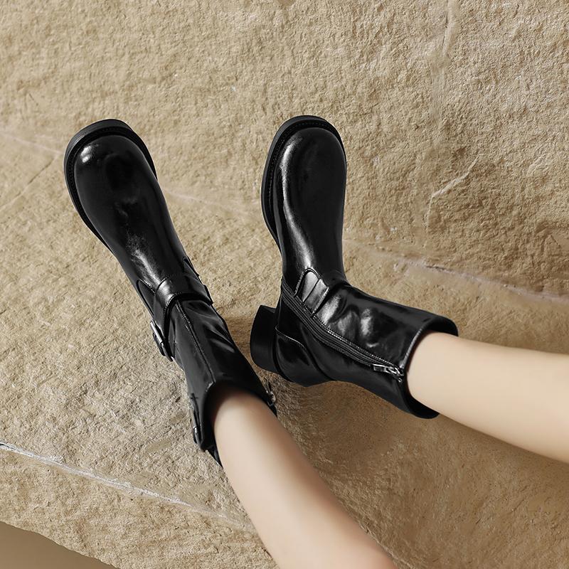 Fashion 2024 Autumn Women Boots round Toe Chunky Heels Mid-calf Boots Women Shoes Genuine Leather Western Boots Knight Boots Winter
