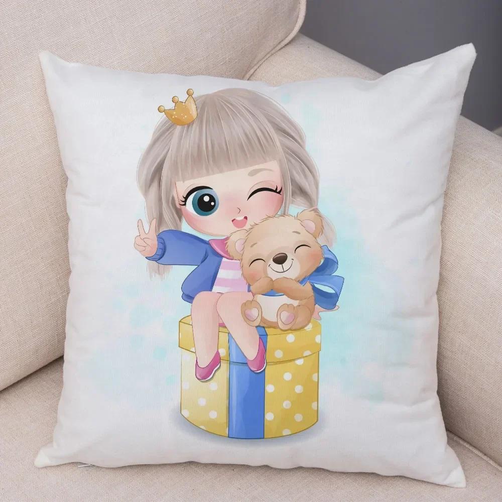 Cute Cartoon Girl and Cat Cushion Cover for Children Room Sofa Home Car Decor Lovely Child Pillow Case Plush Pillowcase 45x45cm