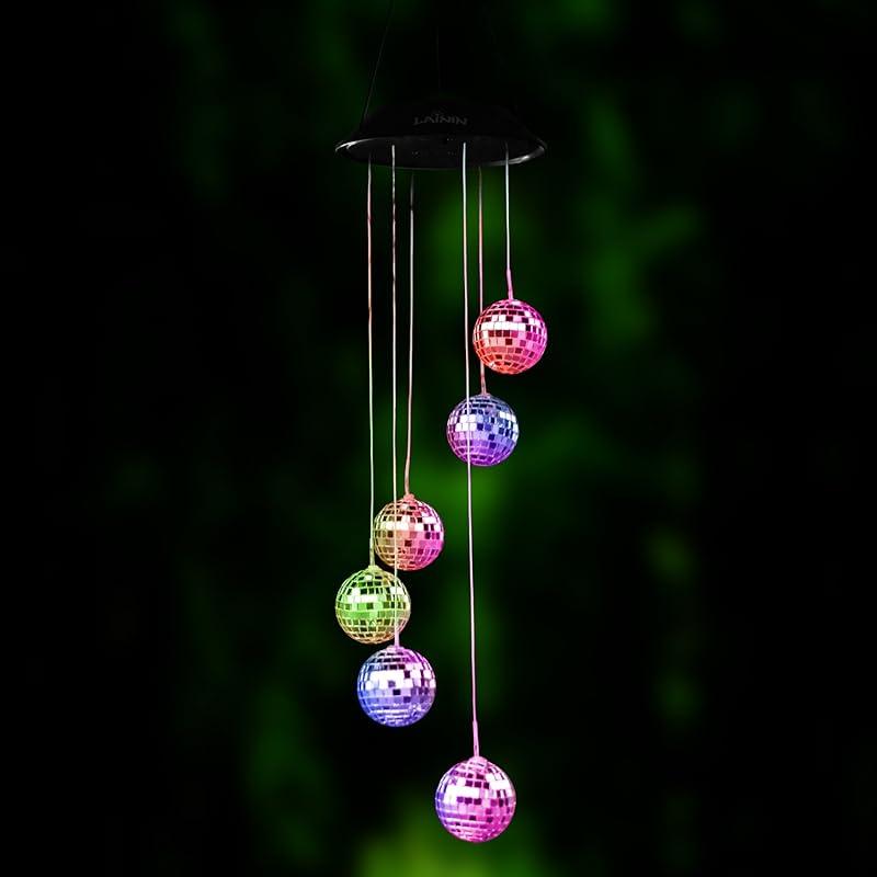 Lainin Color Changing Solar Wind Spinner Disco Ball Shape Solar Wind Chime Night Light for Home Outdoor Garden Ligting Décor Disco Ball