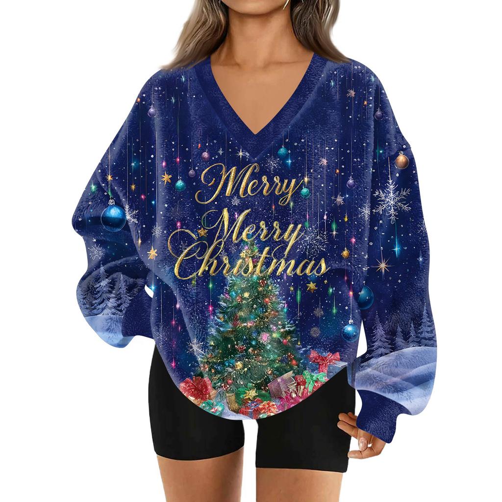 Damenmode Lässig Langarm Weihnachten Bedruckt V-Ausschnitt Oberteil Sweatshirt