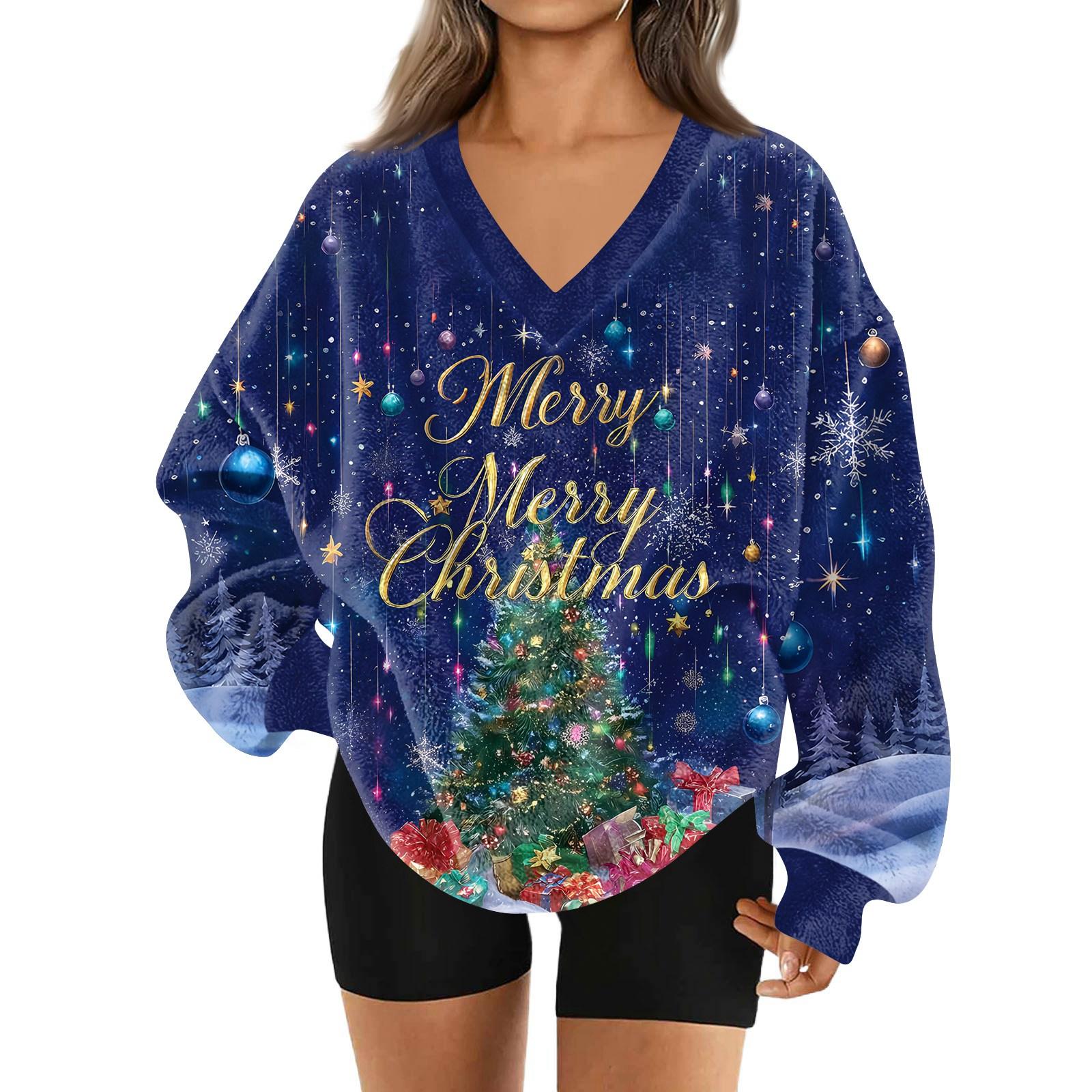 

Женская модная повседневная толстовка с длинным рукавом и V-образным вырезом с рождественским принтом XXL