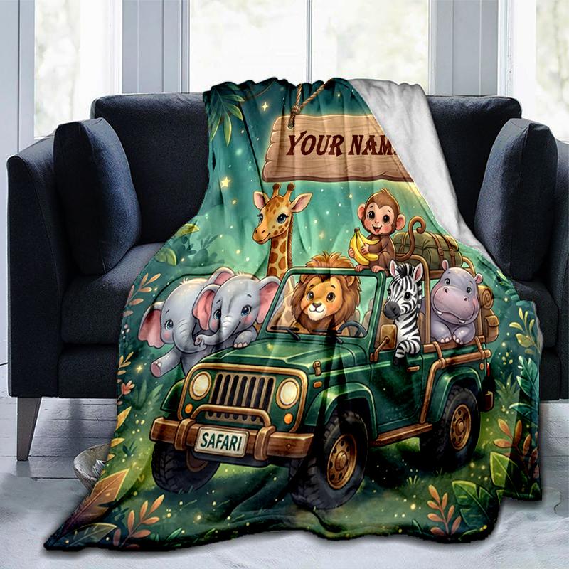 1PC Custom Name Jungle Safari Adventure outdooor Flannel blankets Throw Blanket All-Season Throw Gift Bedspread for Couch, Bed, Camping Holiday Birthd