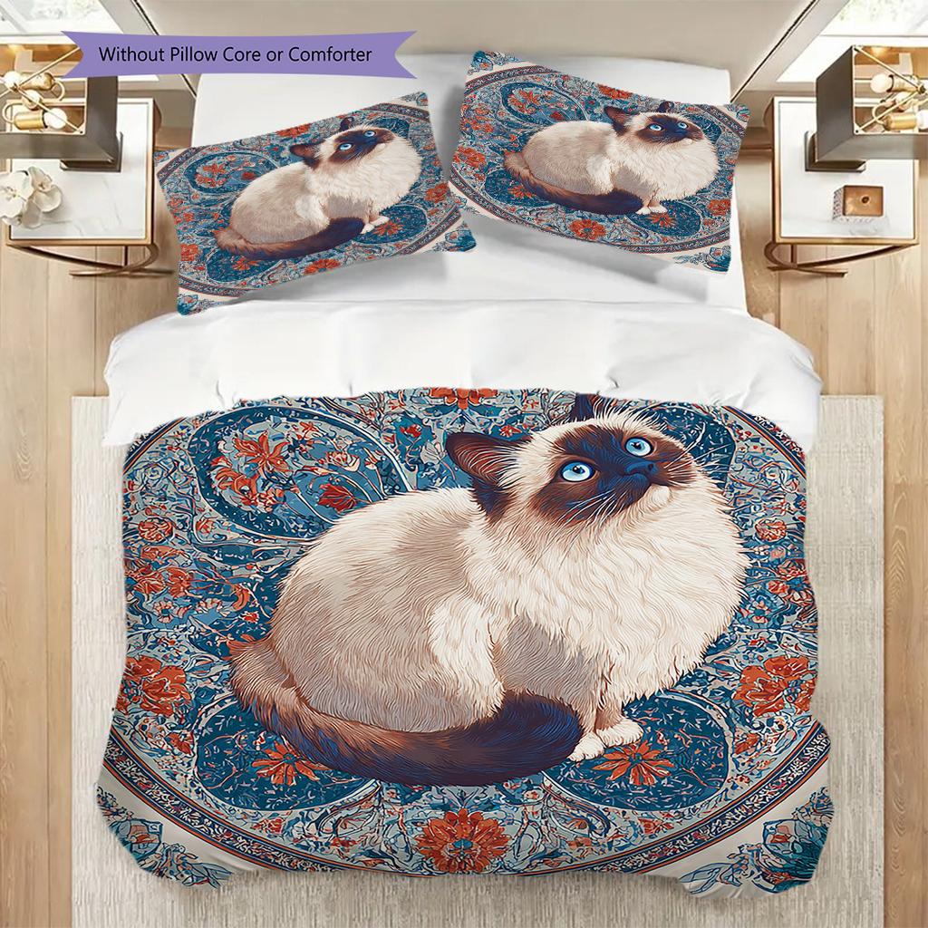Weißes Katzenmuster Bettwäsche Steppdecke Set Deckenbezug Kissenbezug Heimdekoration Geburtstagsgeschenk (1 Bettbezug + 2 Kissenbezüge, ohne Füllung)