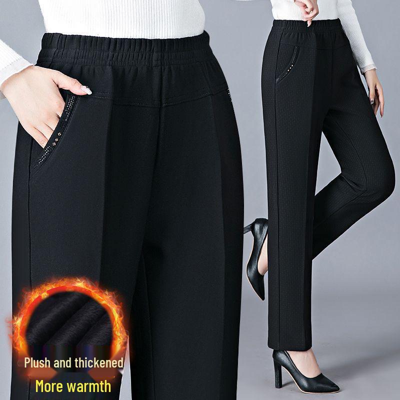 Fleece-Lined High-Waisted Straight-Leg Pants for Middle-Aged & Elderly Women - Ideal for Spring & Autumn