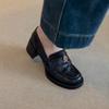 Washed horse leather~ Leather high-heeled loafers for women's spring and autumn new temperament single shoes with one foot on British style smal