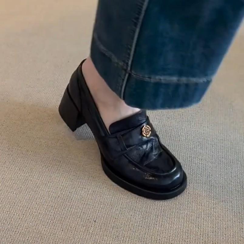 Washed horse leather~ Leather high-heeled loafers for women's spring and autumn new temperament single shoes with one foot on British style smal