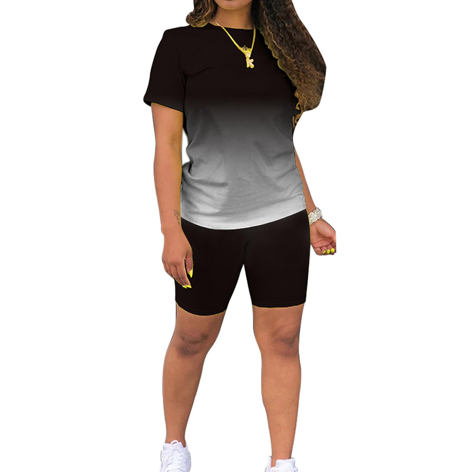 

Летние комплекты из 2 предметов для женщин, футболки с короткими рукавами, брюки, шорты, спортивный костюм с градиентом цвета, спортивная одежда XXXL чёрный