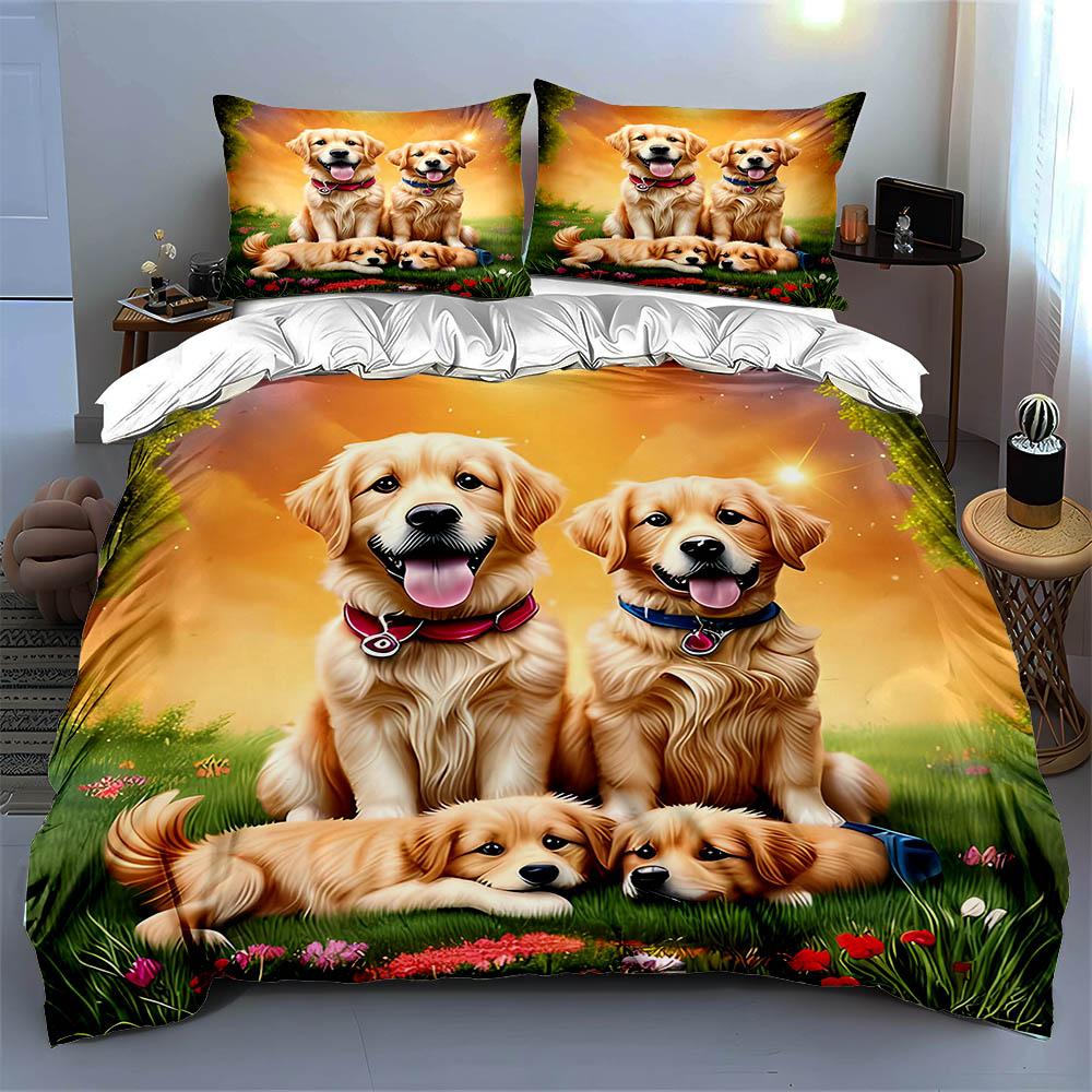 Golden Retriever Kunstwerke Bettwäsche Bettbezug-Sets Bettbezüge Kissenbezüge Geschenke (1 * Bettbezug 2 * Kissenbezüge, ohne Bettdecke)